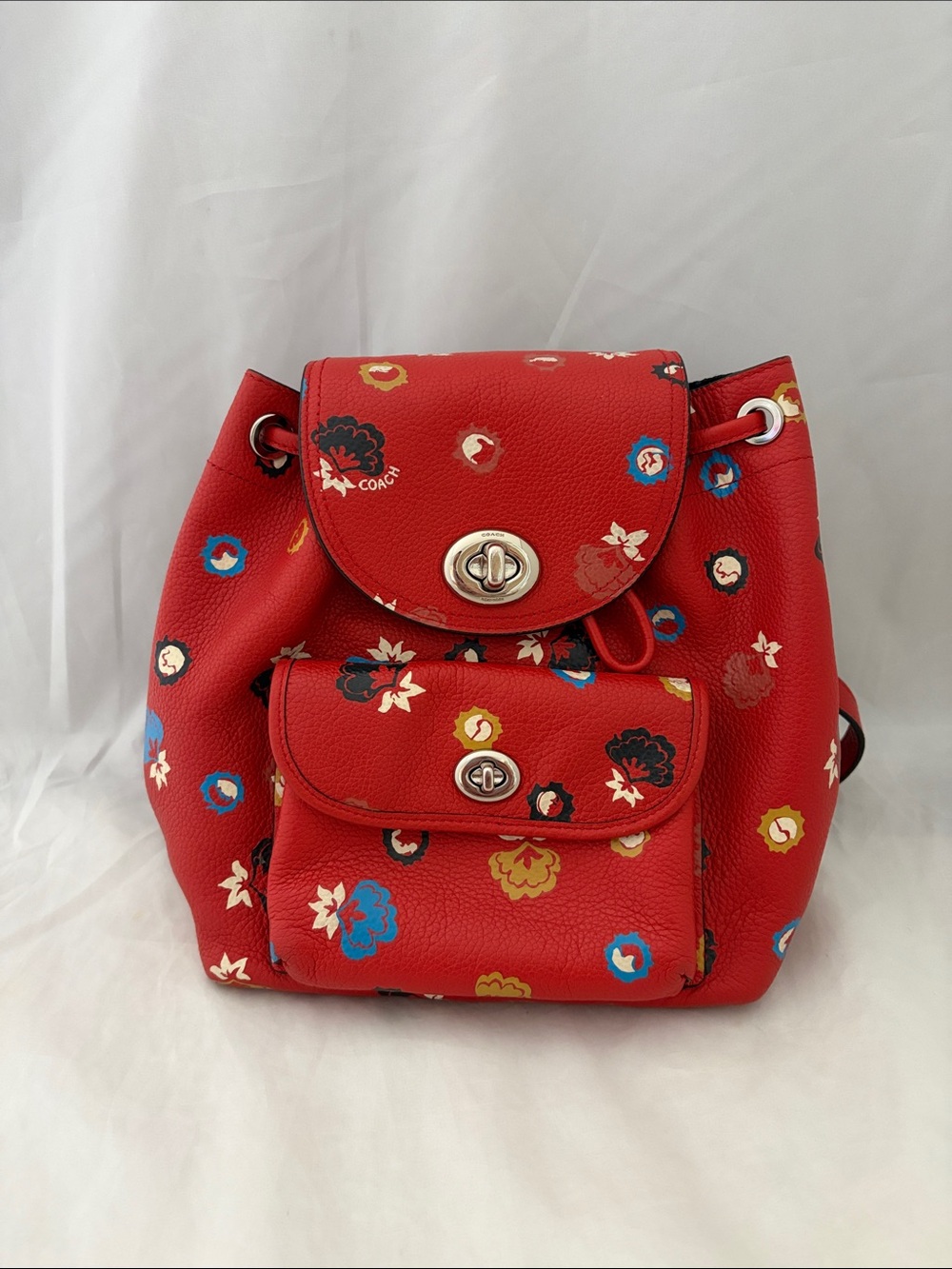 Coach Red Floral Pebbled Leather Mini Backpack